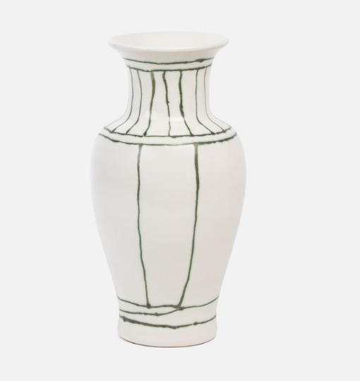 Large Hand-Painted Green Lined Vase